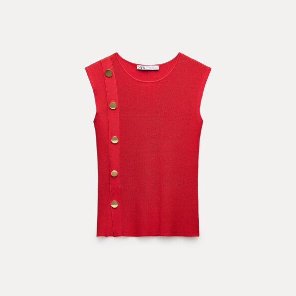 NWT ZARA BASIC KNIT GOLD BUTTON TOP RED - Picture 2 of 5